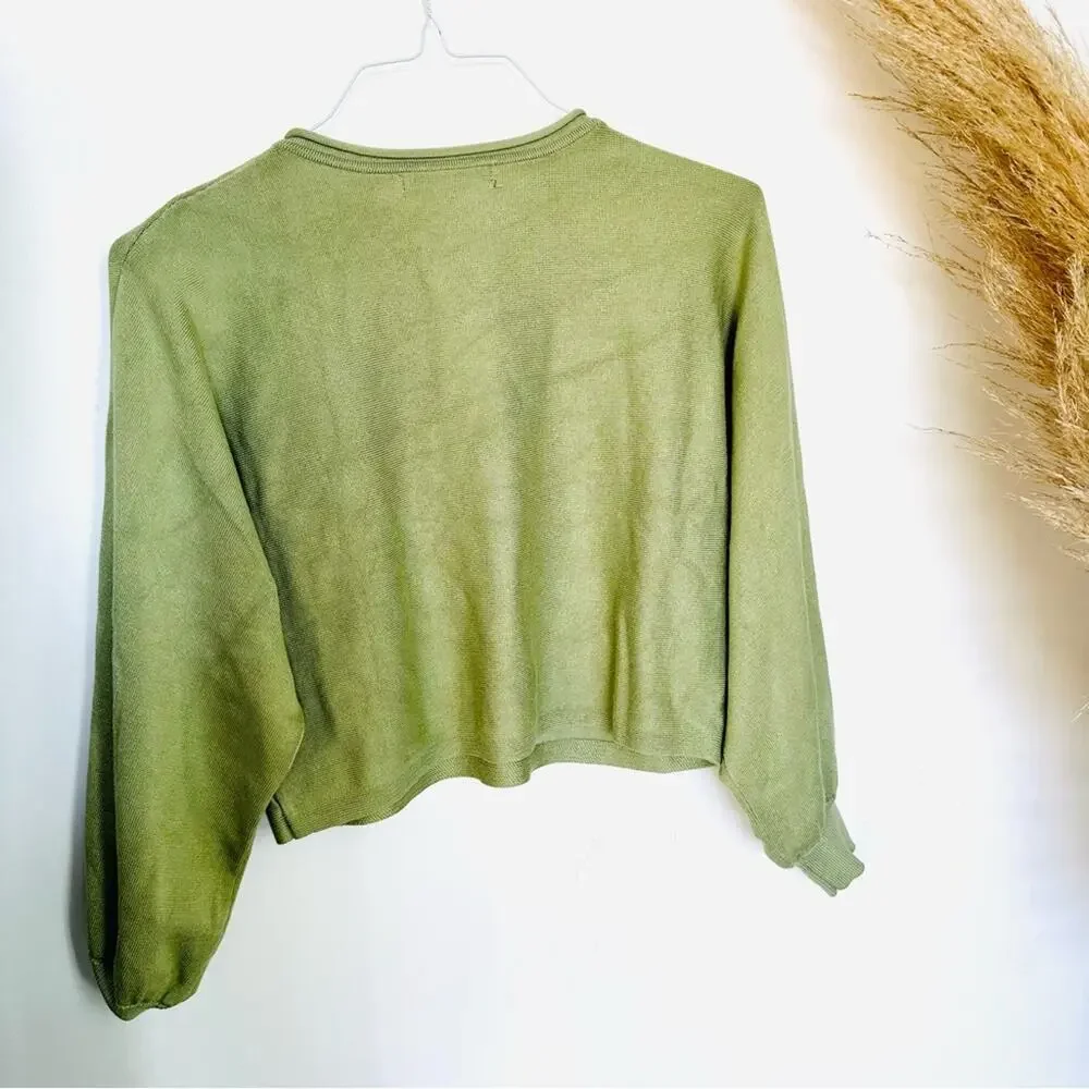 NEW ZESICA Sage Green Crop Bubble Long Sleeve Sweater Tie Pockets Shorts Set M - Picture 9 of 12